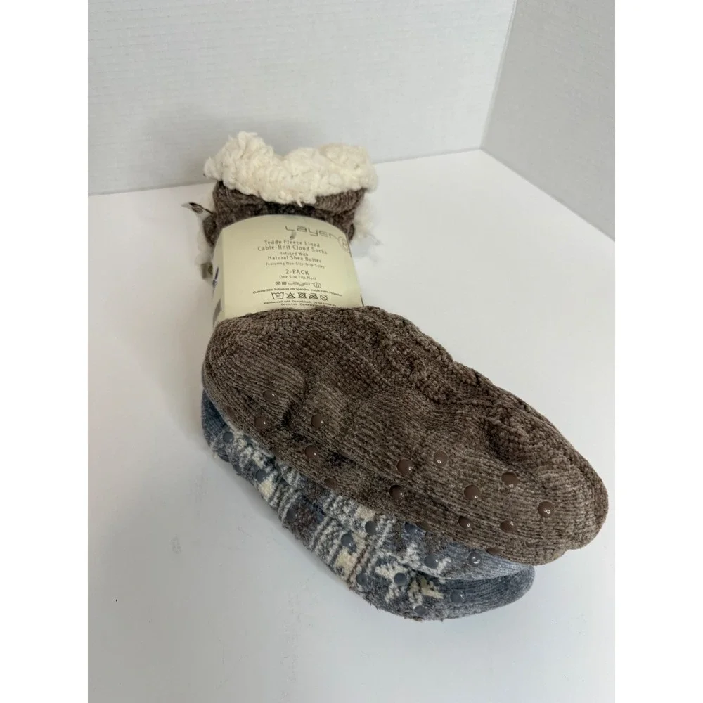 Layer 8 Teddy Fleece Lined Cable Knit Cloud Socks Shea Butter Infused 2-Pack OS
